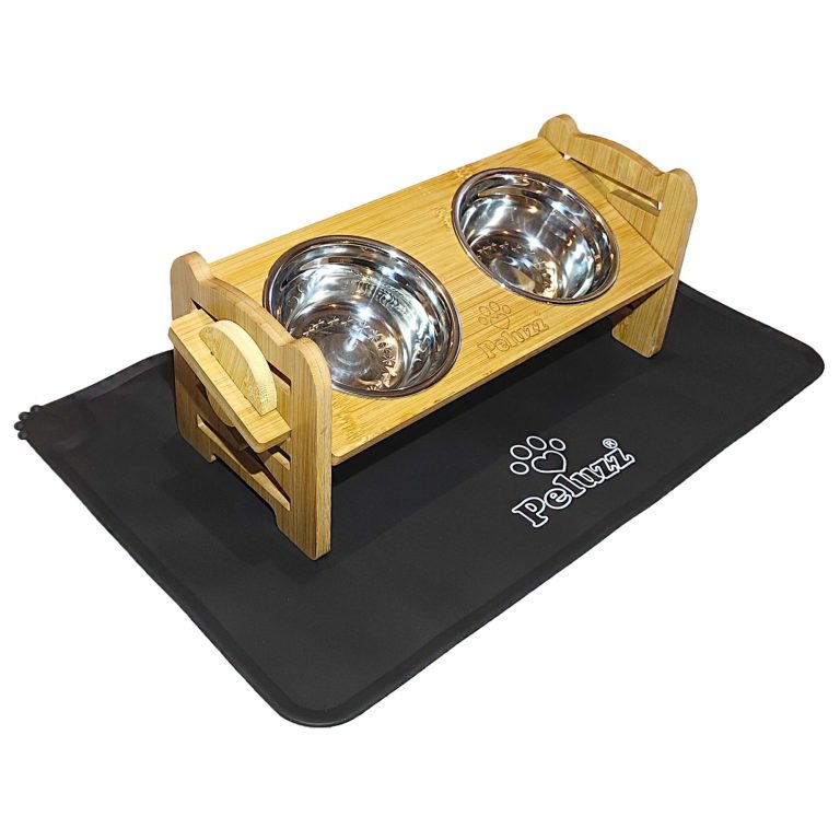 Adjustable Raised Pet Feeder Peluzz adjustable raised pet feeder with stainless steel bowls and feeding mat for cats and small dogs
